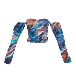 Blue abstract printed satin long sleeve bardot